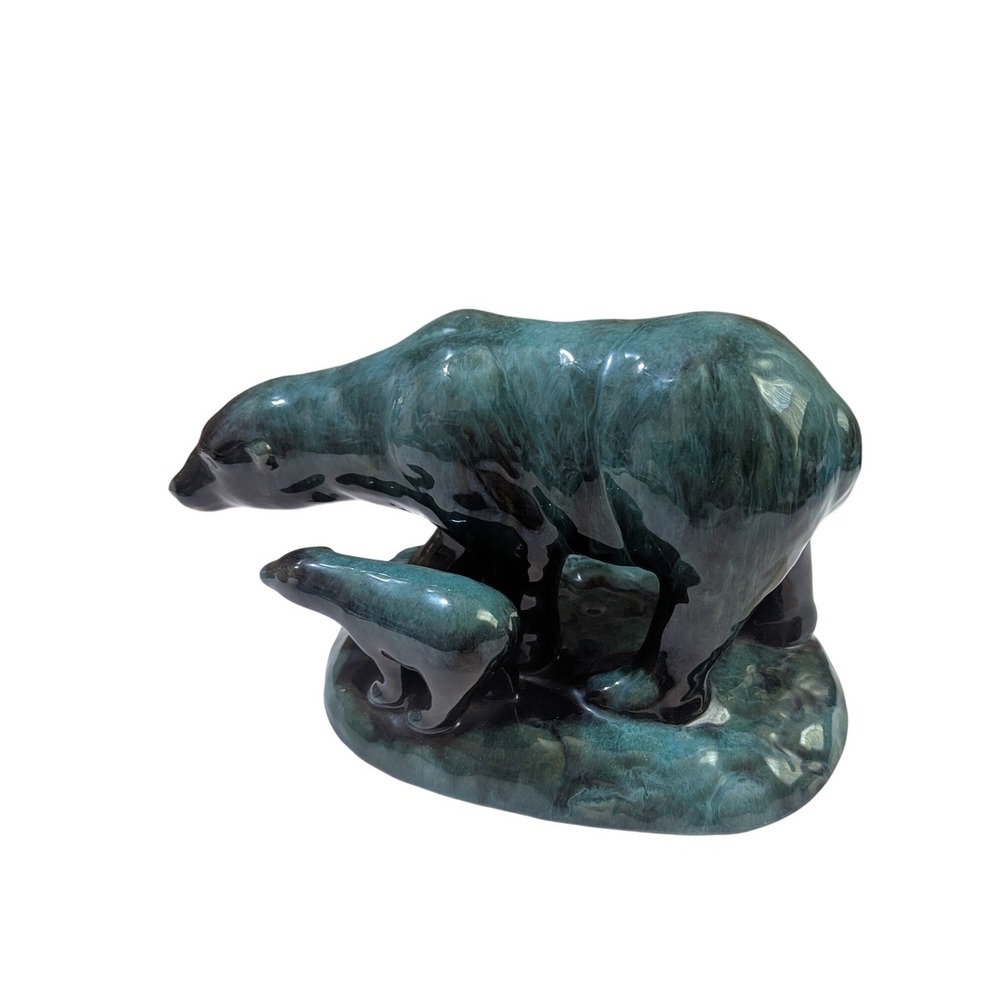 Blue Mountain Pottery Polar Bear and Cub Figurine Green Drip Glaze Canada 10in